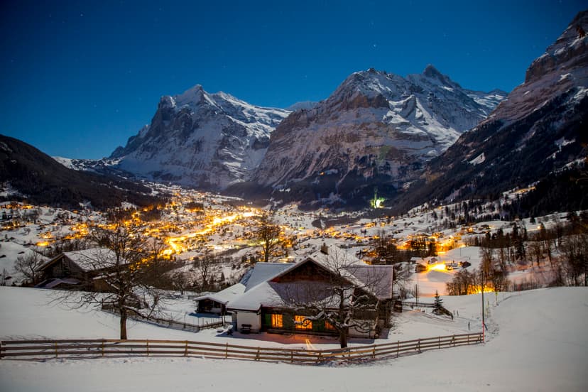 Snowy picturesque ski resort of Grindelwald at night